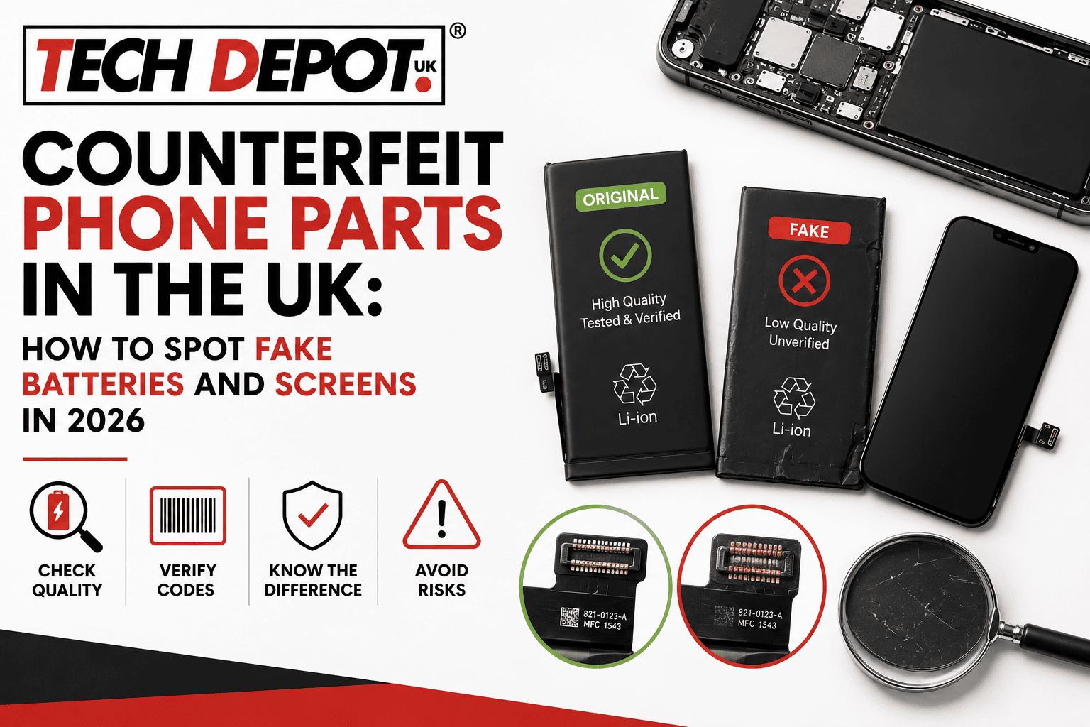 Warning graphic showing counterfeit vs genuine phone battery and screen comparison, highlighting fake parts risks including overheating and poor calibration, Tech Depot UK guide to spotting fake phone parts in the UK