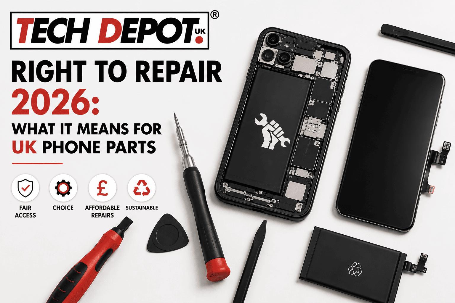 Tech Depot UK Right to Repair 2026 graphic showing a disassembled iPhone with repair tools, screwdriver and battery, alongside icons for fair access, choice, affordable repairs and sustainability