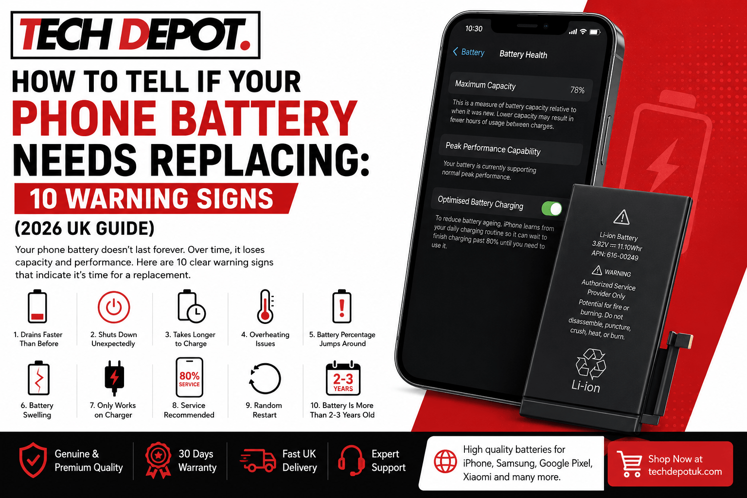 Tech Depot UK® infographic explaining how to identify a failing phone battery and when to replace it.
